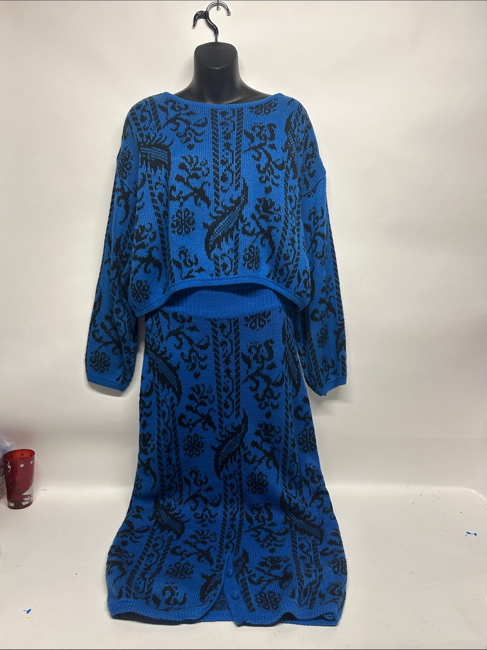 Blue and Black Patterned Knit Skirt  and sweater vintage set large